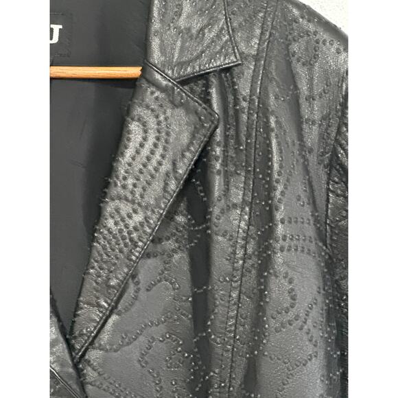 VTG 90s Y2K B&J Genuine Leather Blazer M Black 3D Embossed Boho Hippie - Picture 6 of 14